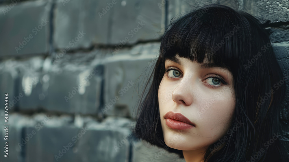 Portrait of young woman with black hair against brick wall Portrait of young woman with black hair against brick wall