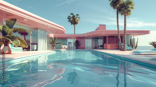 Retro house with pool and palm trees, generative ai