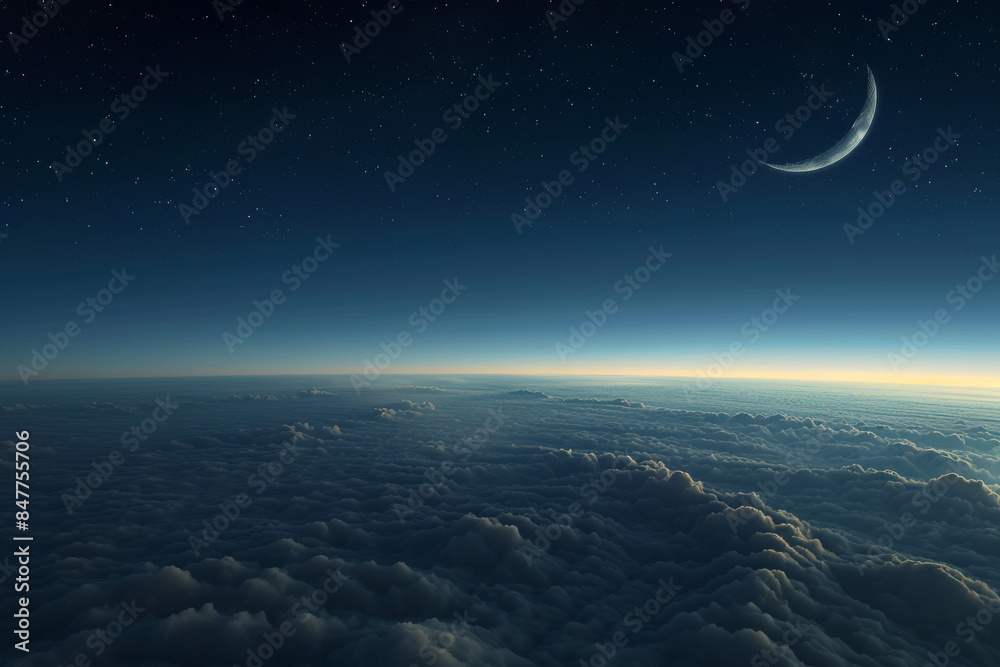 Breathtaking night sky with a crescent moon above a sea of clouds, viewed from a high altitude, capturing the essence of tranquility and wonder. Breathtaking night sky with a crescent moon above a sea of clouds, viewed from a high altitude, capturing the essence of tranquility and wonder.