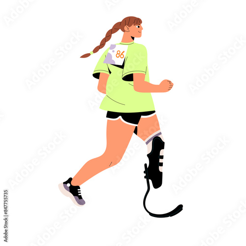 Disabled athlete training, running. Runner in sportswear with prosthesis jogging. Amputee girl goes sport, does cardio workout. Inclusive jogger is in marathon. Flat isolated vector illustration