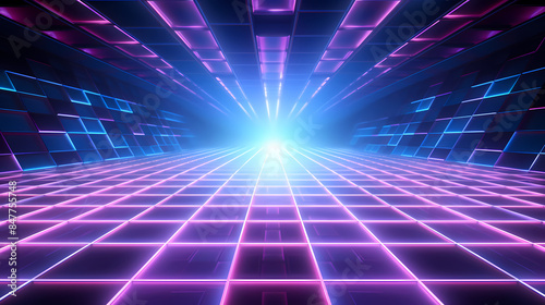 Abstract neon grid background with blue and purple squares