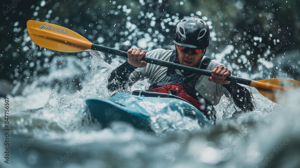 Fototapeta premium Kayak slalom athlete racing, depicted with intense focus and precision, skillfully navigating through turbulent waters and around obstacles, the vibrant colors of the kayak and gear contrasting.