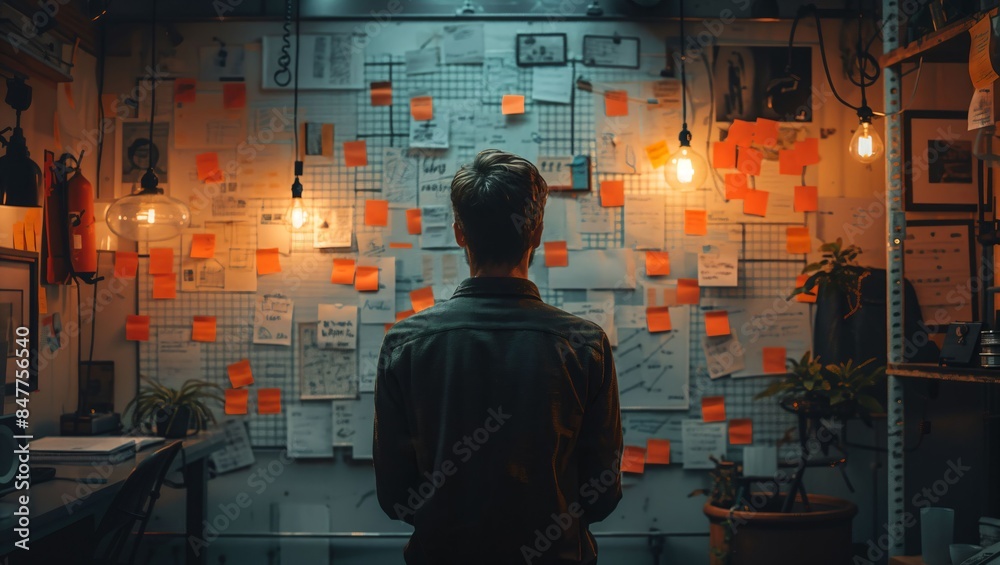 Entrepreneur brainstorming with a whiteboard, sticky notes everywhere, natural light-filled room with an industrial aesthetic Entrepreneur brainstorming with a whiteboard, sticky notes everywhere, natural light-filled room with an industrial aesthetic