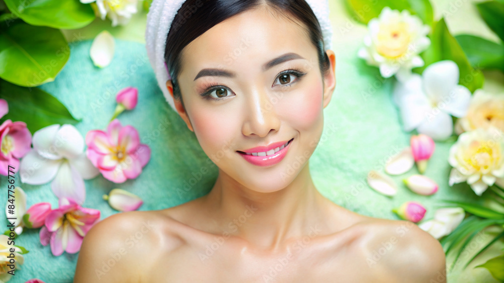 A woman from Asia is at a spa surrounded by flowers before her treatment
A woman from Asia is at a spa surrounded by flowers before her treatment