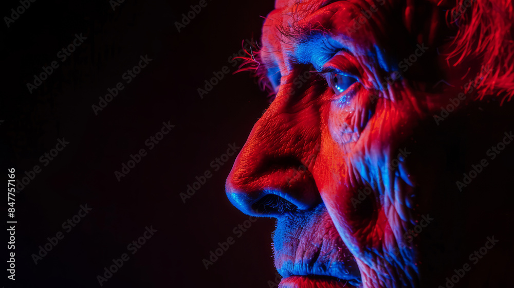 Close-up portrait of elderly man's face with red and blue lighting