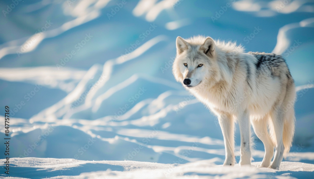Fototapeta premium A white wolf is seen standing in the snow, gazing at the camera in this winter scene