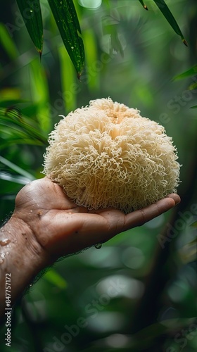 Portrait of hand holding lion's mane mushrrom in a green forest photo