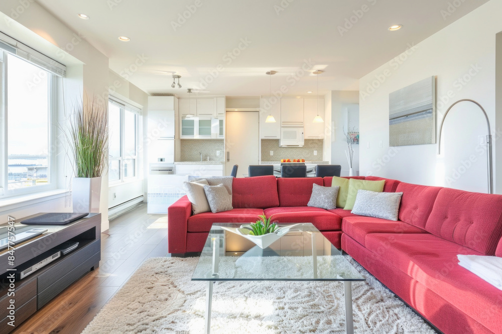 Living room with red sectional couch, glass coffee table, perfect for cozy gatherings and relaxation Living room with red sectional couch, glass coffee table, perfect for cozy gatherings and relaxation