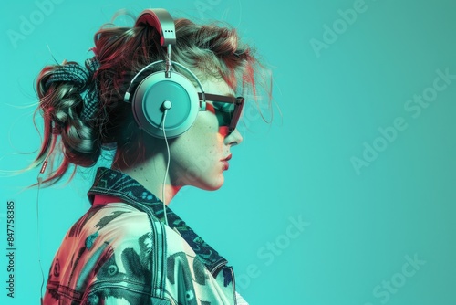 Style woman in 90s punk clothes with headphones and CD on aqua menthe color background © Isuru