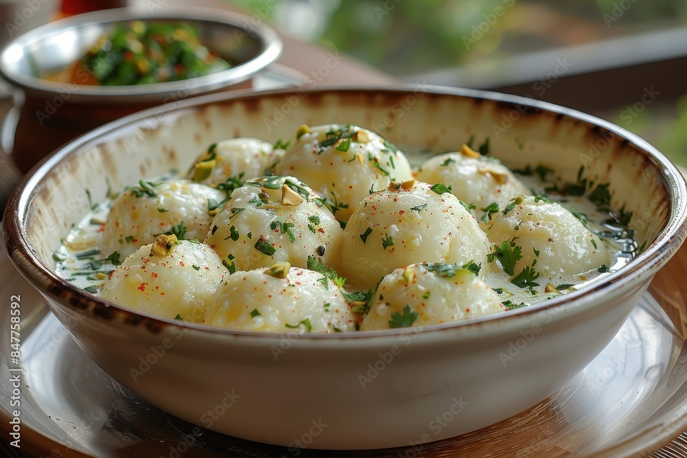 Bangladesh: Rasmalai Soft cheese dumplings soaked in sweetened, thickened milk flavored with cardamom and garnished with pistachios. Bangladesh: Rasmalai Soft cheese dumplings soaked in sweetened, thickened milk flavored with cardamom and garnished with pistachios.