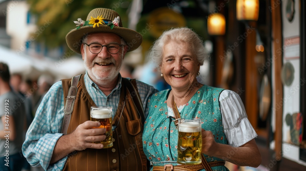 A smiling couple in traditional Bavarian attire enjoys a beer together A smiling couple in traditional Bavarian attire enjoys a beer together