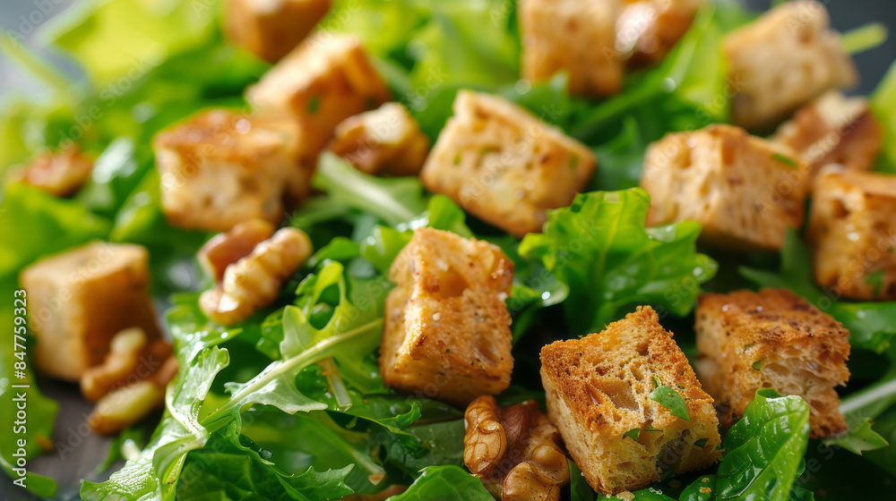 Close-up of fresh healthy salad with croutons and walnuts Close-up of fresh healthy salad with croutons and walnuts