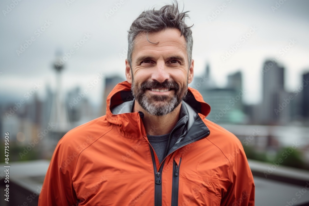 Portrait of a joyful man in his 40s wearing a functional windbreaker in front of modern cityscape background Portrait of a joyful man in his 40s wearing a functional windbreaker in front of modern cityscape background
