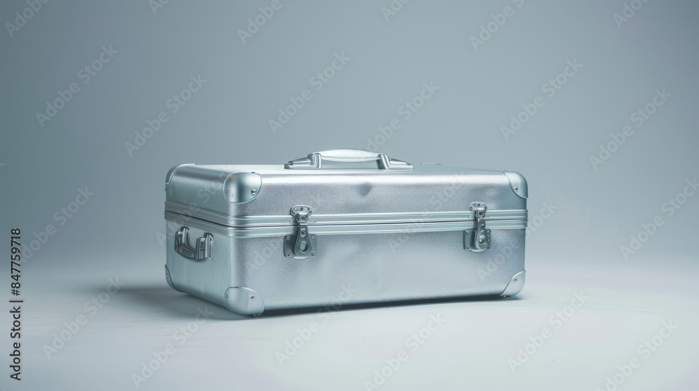 Studio shot of a silver rolling suitcase on a gray background Studio shot of a silver rolling suitcase on a gray background