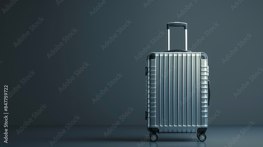 Studio shot of a silver rolling suitcase on dark background Studio shot of a silver rolling suitcase on dark background