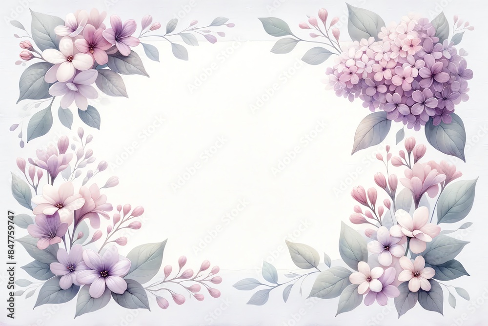 An image with a soft, light watercolor background, featuring different lilac color flowers framing the edges