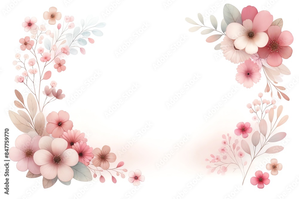 An image with a soft, light watercolor background, featuring different Little Girl Pink color flowers framing the edges An image with a soft, light watercolor background, featuring different Little Girl Pink color flowers framing the edges