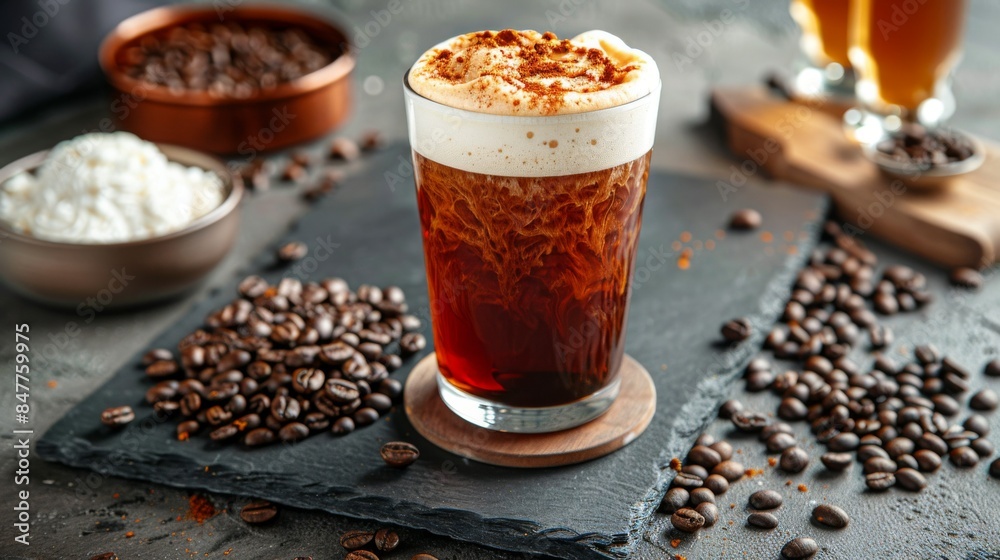 Product photo of nitro cold brew coffee, on slate surface. studio lighting. Product photo of nitro cold brew coffee, on slate surface. studio lighting.
