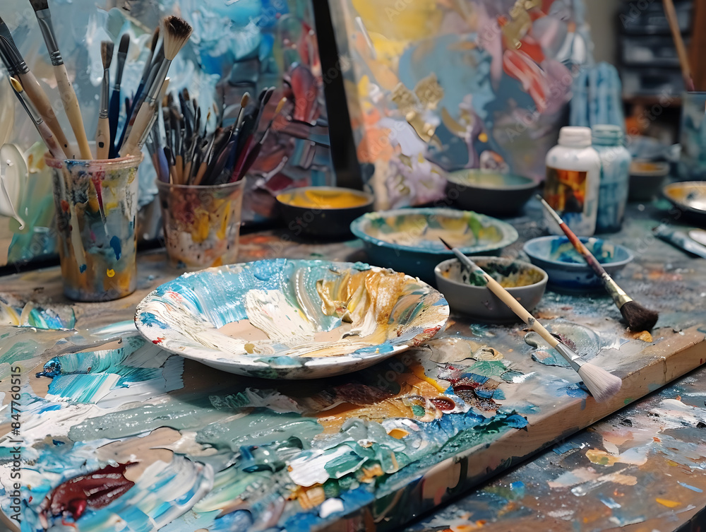 Brushes and ceramic plates on workbench at art studio Oil color painting. Generative AI. Brushes and ceramic plates on workbench at art studio Oil color painting. Generative AI.