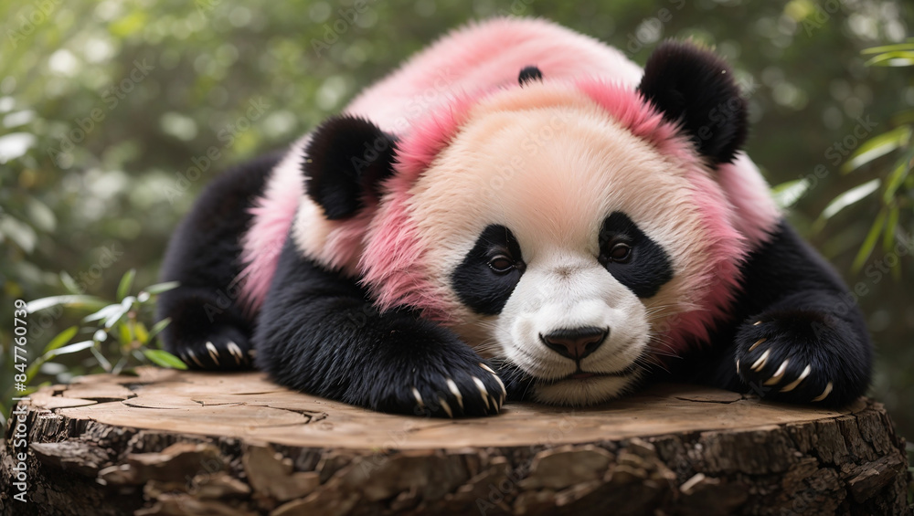 Fototapeta premium panda bear wearing a pink hat is lying on a tree stump in a forest.