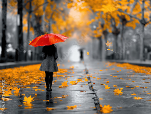 Woman with Red Umbrella Walking on Autumn Street with Falling Leaves. Autumn Vibes.