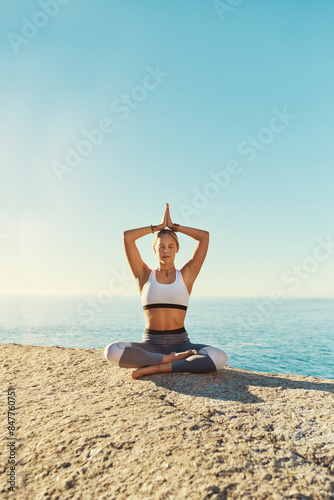 Wallpaper Mural Beach, meditation and girl with prayer hands in nature for morning wellness, freedom or mental health at sunrise. Peace, zen and calm woman person at sea for holistic balance, healing or self care Torontodigital.ca