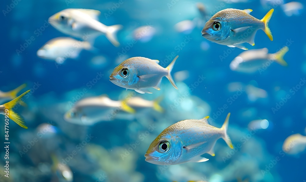 Fototapeta premium flock of young small school fish under water background ocean, Generative AI