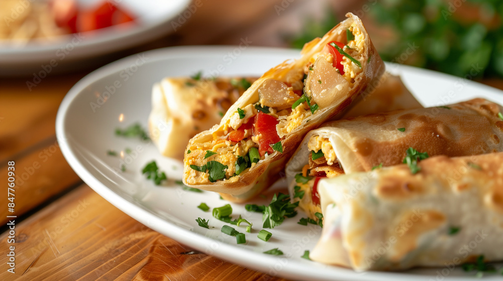 Freshly fried egg roll cut in half to show the filling Freshly fried egg roll cut in half to show the filling