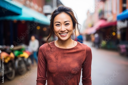Portrait of a happy asian woman in her 30s showing off a lightweight base layer while standing against vibrant market street background © CogniLens