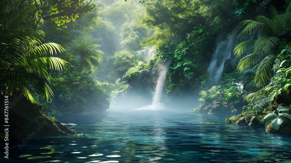 Jungle scene with a flowing river and tropical vegetation Jungle scene with a flowing river and tropical vegetation
