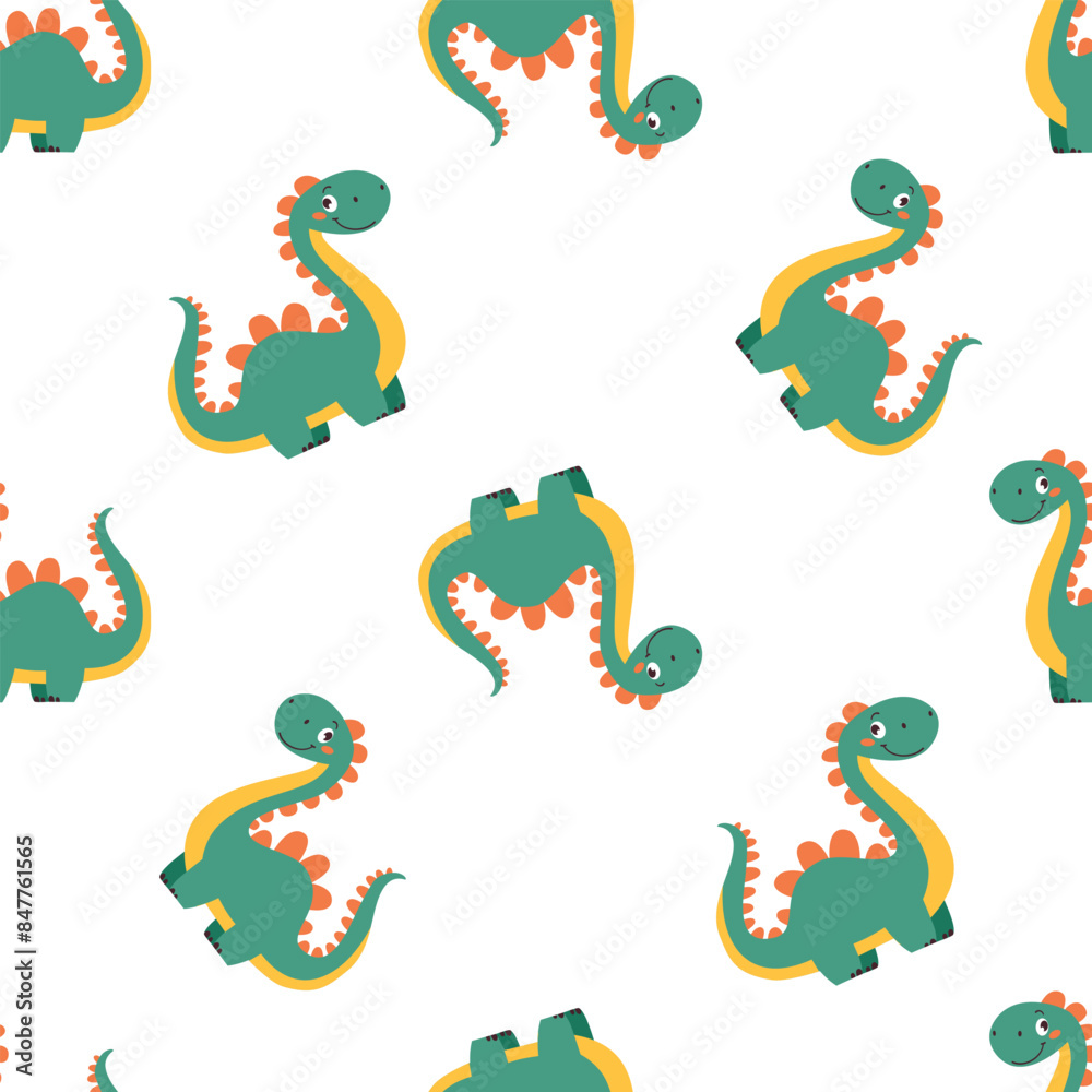 Naklejka premium Seamless vector pattern in child style on white background. Cute dinosaur on a white background. Vector illustration