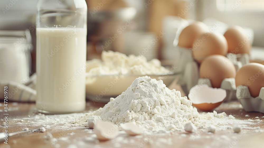 Baking Ingredients on Rustic Kitchen Table Baking Ingredients on Rustic Kitchen Table