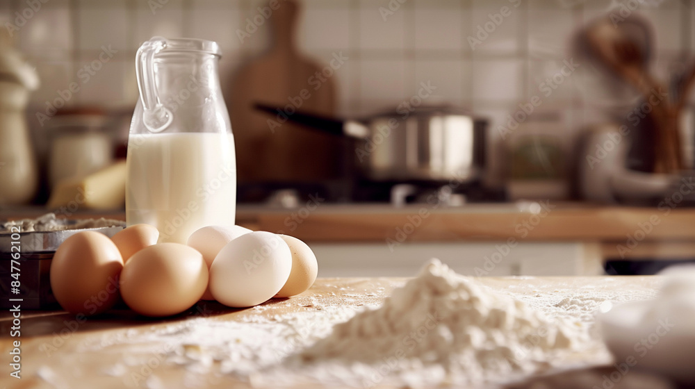 Baking Ingredients on Rustic Kitchen Table Baking Ingredients on Rustic Kitchen Table