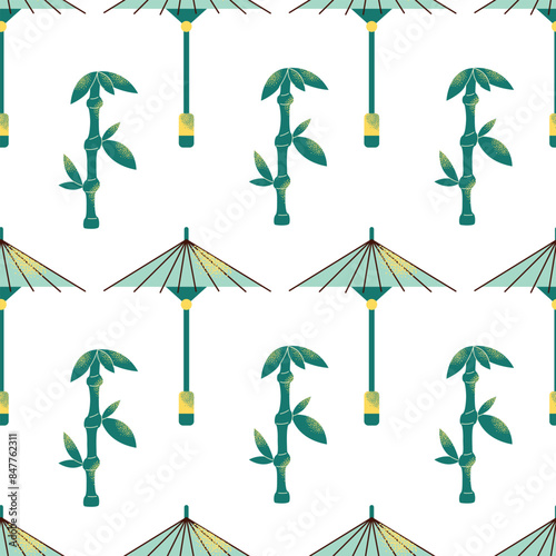 Japanese art and culture seamless pattern. Set of Japanese travel. Symbols of the island. Various sights and famous elements. Pagoda architecture, maneki neko toy. National traditional illustration