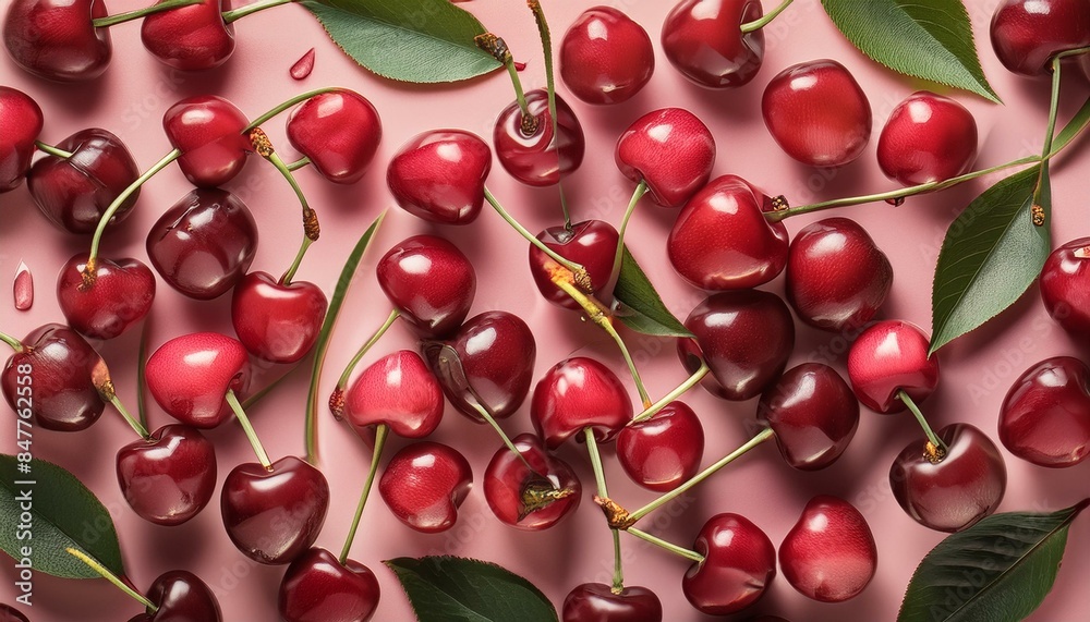 Cherry pattern. Flat lay of cherries and leaves on a pink background.Top view Cherry pattern. Flat lay of cherries and leaves on a pink background.Top view