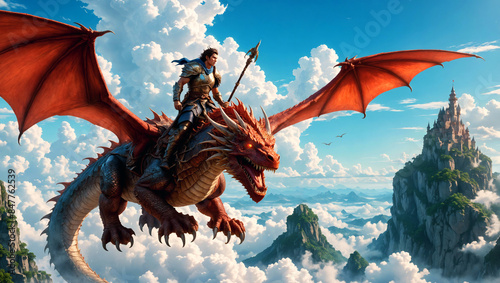 Medieval hero rides a red dragon over mountain top castles, fantastic sky kingdom above the clouds, fantasy illustration, digital art, high detail