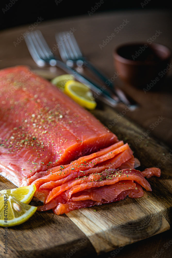 Smoked trout fillet. Piece of salmon Smoked trout fillet. Piece of salmon