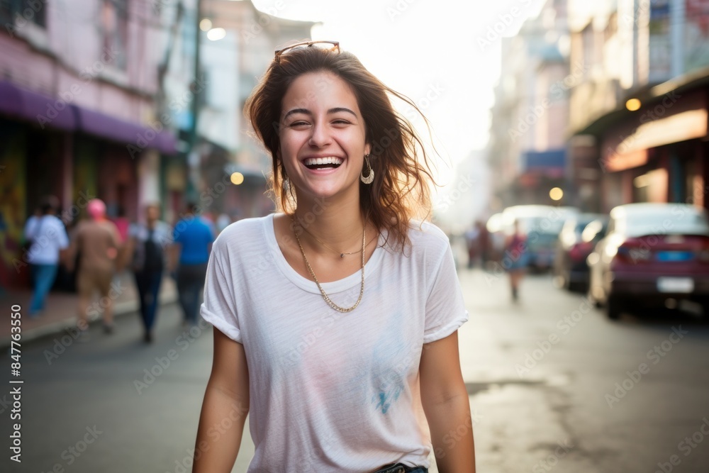 Portrait of a joyful woman in her 20s dressed in a casual t-shirt in front of vibrant market street background Portrait of a joyful woman in her 20s dressed in a casual t-shirt in front of vibrant market street background
