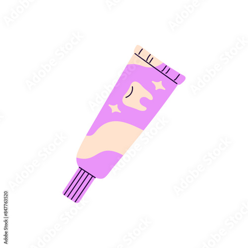Toothpaste tube for brushing, cleaning tooth. Packaging of whitening gel, paste for oral health care. Professional dental hygiene product. Flat isolated vector illustration on white background