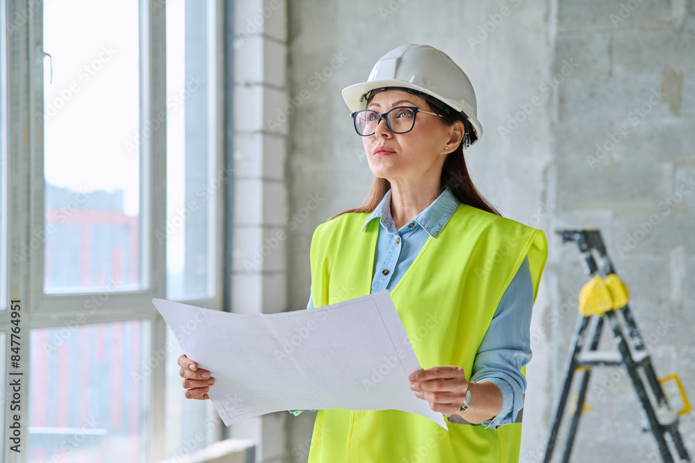 Technical profession woman in protective vest helmet working on construction Technical profession woman in protective vest helmet working on construction