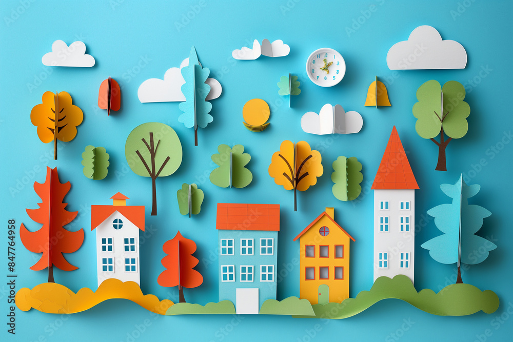 Paper cutout of a village buildings with sky an trees, small houses illustration Paper cutout of a village buildings with sky an trees, small houses illustration