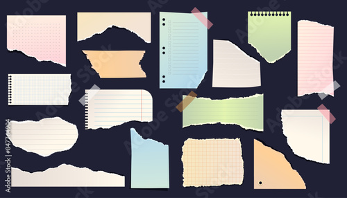 Set of isolated torn paper or note pieces. Notebook sheet ripped or scrapbook page with shred border. Isolated crumpled background or backdrop element. Page texture for message. Blank print note