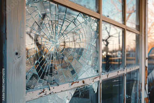 Wallpaper Mural A close-up view of a vandalized office window with shattered glass, capturing the intricate spiderweb-like cracks against the backdrop of an urban environment. Torontodigital.ca