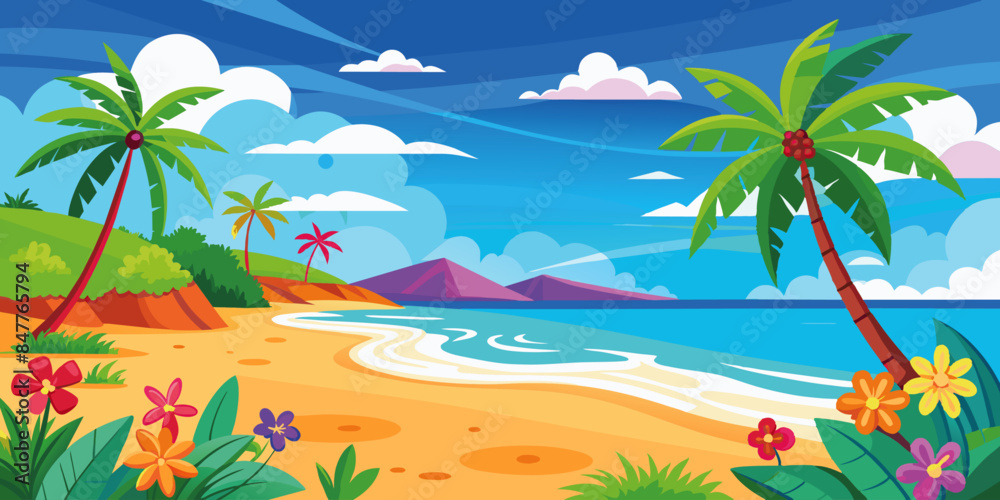 Seaside Bliss Lush Palms and Vibrant Flowers on the Shore Seaside Bliss Lush Palms and Vibrant Flowers on the Shore