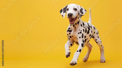 A lively Dalmatian puppy with distinctive spots prancing on a vivid yellow background photo