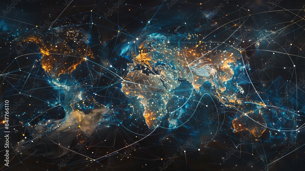 Intricate network connects across the globe, like a spider's web reaching every corner of Earth. Intricate network connects across the globe, like a spider's web reaching every corner of Earth.