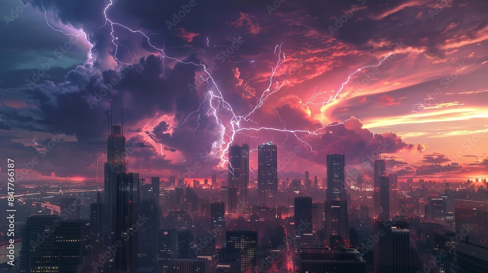 Lightning strikes over a city skyline at dusk, casting an eerie glow on the buildings and the clouds above. Lightning strikes over a city skyline at dusk, casting an eerie glow on the buildings and the clouds above.