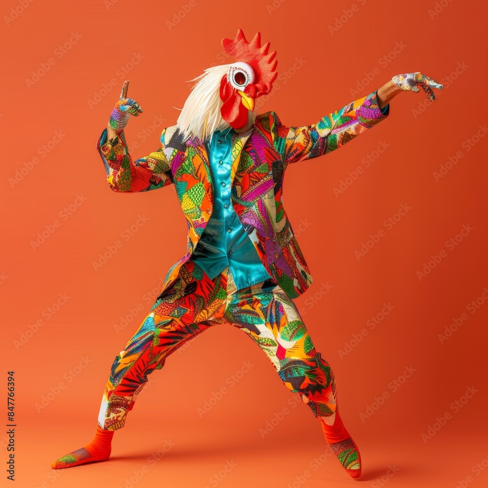 Fototapeta premium Freak in chicken mask dancing, masquerade, absurd carnival, having fun in costume party, weird mask head