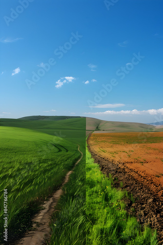Contrast in Nature: A Border Between Bucolic Serenity and Arid Desolation Highlighting Two Divergent Landscapes photo