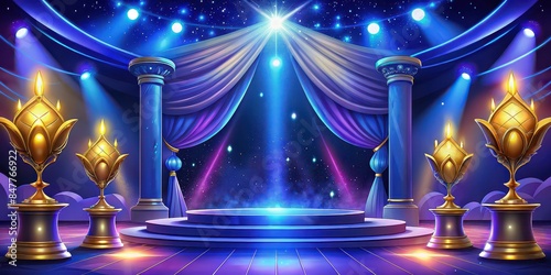 Elegant award night background in golden, blue, and purple hues , elegant, award ceremony, night, background, gold, blue, purple, luxury, classy, elegant, glamorous, prestigious © Udomner